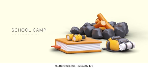 School camping. 3D fire place, backpack, binoculars, big book. Learning outside. Field trip, excursion. Acquaintance with nature. Vector concept for advanced training programs