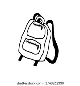 School or camping backpack, doodle art. Hand drawn sketch outline. School bag. Vector Illustration on white background. For postcards, posters, stickers and professional design. Doodle line art.