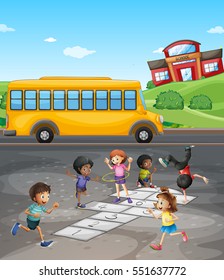School campus with students playing in the field illustration