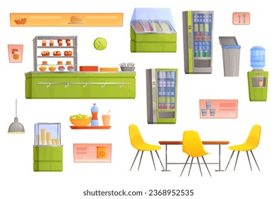 School canteen, cafeteria or cafe interior set vector illustration. Cartoon isolated university campus buffet with food on shelves, counter with snacks and cakes, table and chairs, vending machine