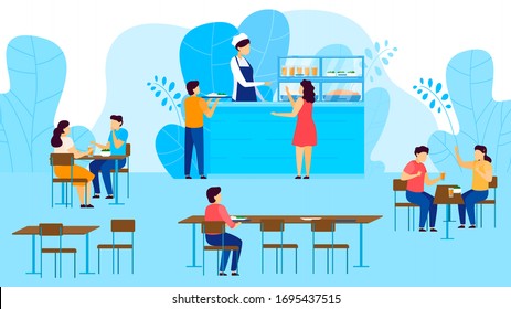 School canteen, cafeteria, children take tray with food, eating, drinking juice at tables cartoon vector illustration. Catering restaurant and canteen freshly cooked warm meals for schoolmates .