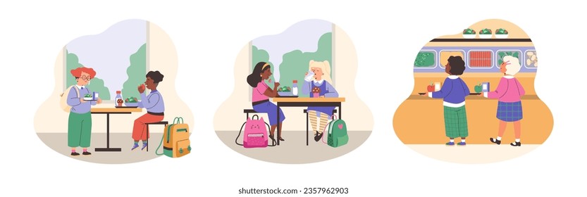 School canteen or cafeteria scenes set, flat vector illustration isolated on white background. Diverse children having lunch break. Little boys and girls eating healthy food at tables.