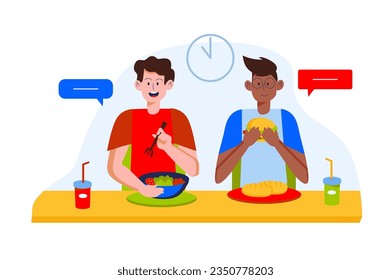 School canteen concept with people scene in the flat cartoon style. Friends have lunch in the school canteen between lessons. Vector illustration.