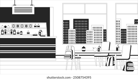 Ilustração da linha branca e preta vazia da cantina da escola. Almoço no jantar. Cafeteria ninguém 2D interior monocromático pano de fundo. Quadra de alimentação do ensino médio. Vetor de contorno de sala de lanchonete à hora de almoço