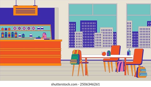 School canteen indoor empty cartoon flat illustration. Diner lunchroom. Cafeteria nobody 2D interior colorful background. Middle-school food court. Lunchtime snack bar room scene vector image