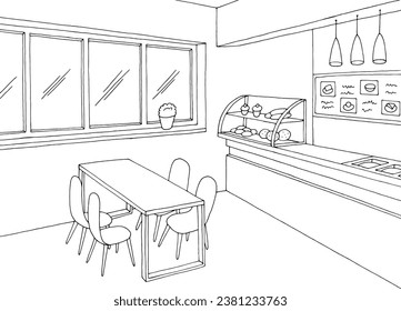 Comedor escolar comedor interior de comida rápida corte gráfico de boceto blanco negro vector