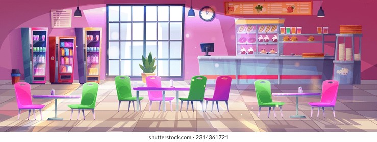 School canteen interior with food vector cartoon background. Cafeteria court with kitchen for student dining or lunch hall in college. Office lunchroom foodcourt with vending machine and window.