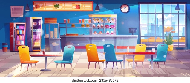 School canteen interior with food vector cartoon background. Cafeteria court with kitchen for student dining or lunch hall in college. Office lunchroom foodcourt with vending machine and window.