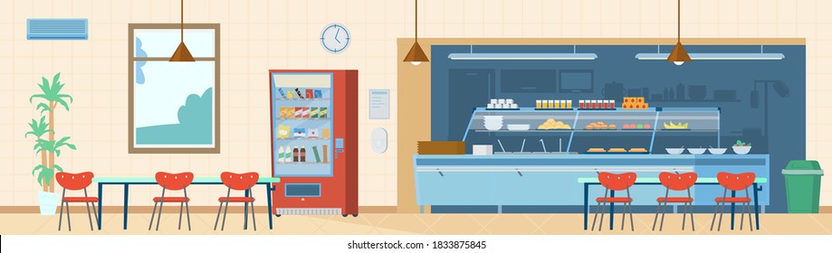 School Canteen Interior Horizontal Background. Kitchen, Vending Machine, Trash Can, Tables With Chairs, Menu, Hand Sanitizer. Flat Vector Illustration.