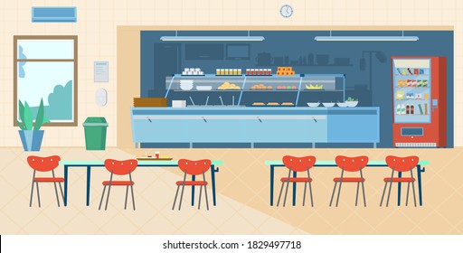 School Canteen Interior. Kitchen, Vending Machine, Trash Can, Tables With Chairs, Menu, Hand Sanitizer. Flat Vector Illustration.