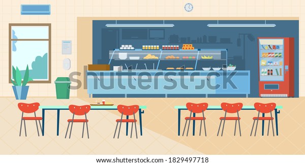 School Canteen Interior. Kitchen, Vending\
Machine, Trash Can, Tables With Chairs, Menu, Hand Sanitizer. Flat\
Vector Illustration.