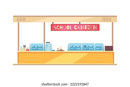 School canteen interior with utensils and hot meal on tray cartoon vector illustration