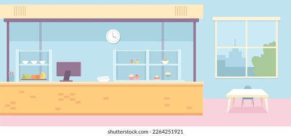 School canteen interior vector illustration. Cartoon empty school cafeteria or foodcourt hall, buffet counter with food and drinks, clock on wall, chair and table for dining children near window