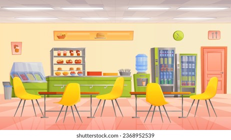 School canteen interior vector illustration. Cartoon dining room of university campus cafeteria with empty tables and chairs, cake dessert counter and vending machine with drinks, food menu on wall