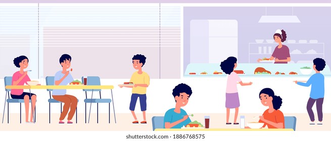 School Canteen. Kids Lunch, Eating Cafeteria Room With Friends. Students Take Food Drink In Cafe. Public College Dining Hall Vector Concept