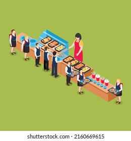 School canteen. Kids lunch - students queue taking food at cafetaria isometric 3d vector illustration concept for banner, website, illustration, landing page, flyer, etc.