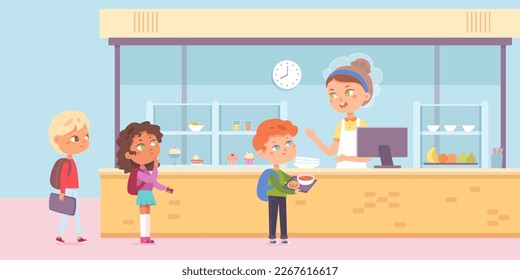 Comedor escolar con ilustraciones vectoriales para niños. Niñas y muchachos hambrientos de caricaturas haciendo cola con bandejas para almorzar, escolares comiendo en la mesa de la cafetería durante el descanso entre clases