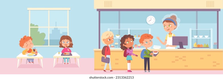 School canteen with kids vector illustration. Cartoon hungry girls and boys standing in queue with trays to take lunch food, school students eating at table of cafeteria during break between lessons.