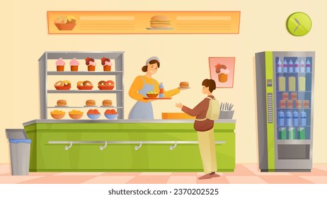 School canteen at lunch vector illustration. Cartoon woman behind counter holding tray with burger, salad and drink to give standing boy, foodcourt staff character serving food for hungry student