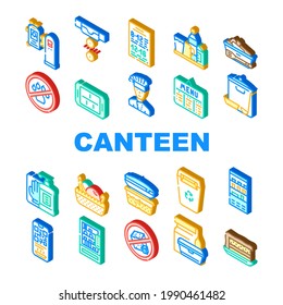 School Canteen Menu Collection Icons Set Vector. Canteen Food And Drink, Basket With Fruits And Cake Dessert, Cooked Dish And Chef Color Illustrations