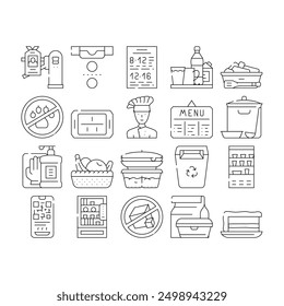 School Canteen Menu Collection Icons Set Vector. Canteen Food And Drink, Basket With Fruits And Cake Dessert, Cooked Dish And Chef Contour Illustrations