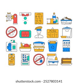 School Canteen Menu Collection Icons Set Vector. Canteen Food And Drink, Basket With Fruits And Cake Dessert, Cooked Dish And Chef Contour Illustrations