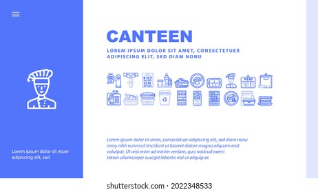 School Canteen Menu Landing Web Page Header Banner Template Vector. Canteen Food And Drink, Basket With Fruits And Cake Dessert, Cooked Dish And Chef Illustration