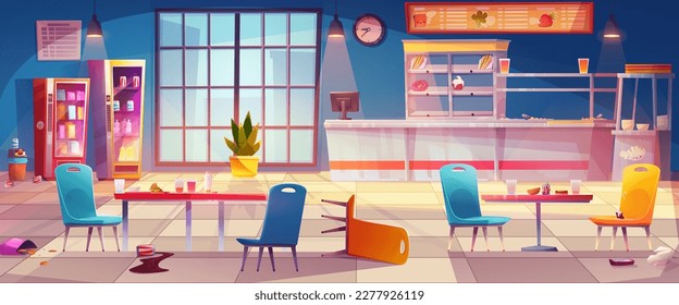 School canteen messy interior with kitchen cartoon background. Cafeteria dining room for lunch with table and chair in college. Student buffet shop in university illustration. Indoor lunchroom