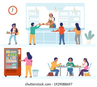 Escenario de comedor escolar, ilustración aislada de vector plano. Niños de escuela almorzando sentados en la mesa, haciendo cola, llevando bandeja con comida, comprando aperitivos de la máquina expendedora de comida.