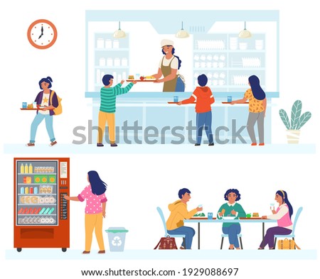 School canteen scene set, flat vector isolated illustration. School children having lunch sitting at table, staying in line, carrying tray with meal, buying snacks from food vending machine.