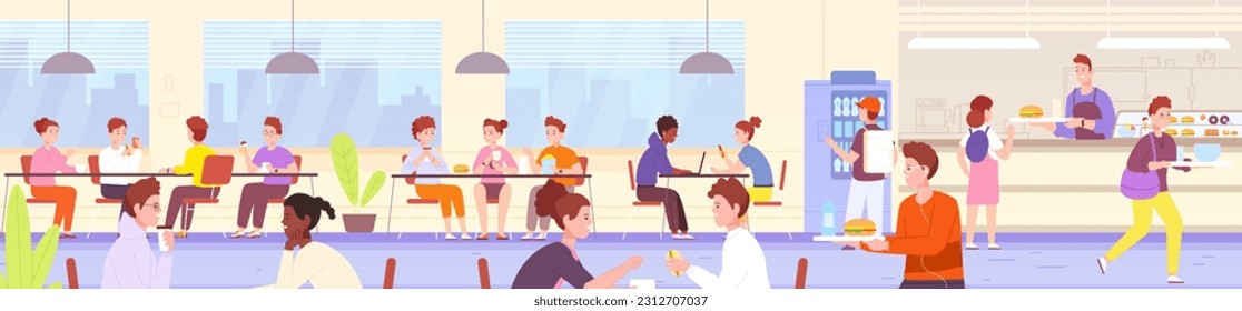 School canteen. Students eating food in university catering, college kitchen chef serving kid young student, dining room cafeteria buffet interior vector illustration of lunch university or school