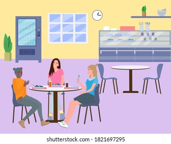 School canteen with students, university cafe , dining room with counter desk and trays,vector.Girls eating in school