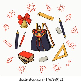 Tarjeta escolar. Mochila, bolsa de zapatos, regla, borrador, lápices. Fondo blanco, aislado. Ilustración bursátil.