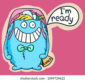 School caricature sticker with cute blue monster. Digital print with funny character