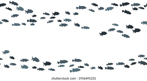 School of carp fish swimming vector frame print. Ocean or sea background. Shoal of fishes isolated on white. Marine summer design.