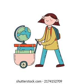 School cartoon character with book and globe go to the school for learning and get knowledge. Hand drawn flat illustration isolated on white in minimal style.
