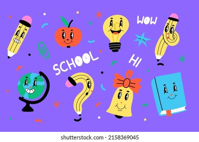 School cartoon characters. Hand drawn abstract faces, comic pencil and funny book, light bulb, apple and globe. Knowledge and education symbols, school mascot. Trendy retro cartoon style vector set