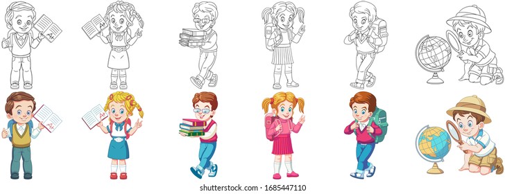 School. Cartoon Clipart Set For Kids Activity Coloring Book, T Shirt Print, Icon, Logo, Label, Patch Or Sticker. Vector Illustration.