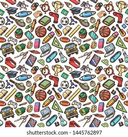 School cartoon doodles seamless pattern on a white background .