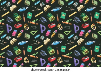 School cartoon doodles seamless pattern on a white background .