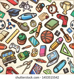 School cartoon doodles seamless pattern on a white background .