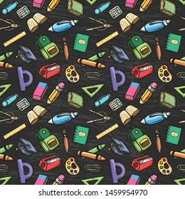 School cartoon doodles seamless pattern on a white background .