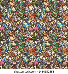 School cartoon doodles seamless pattern on a white background .