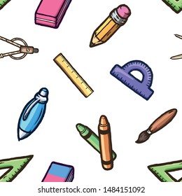 School cartoon doodles seamless pattern on a white background.