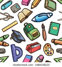 School cartoon doodles seamless pattern on a white background.