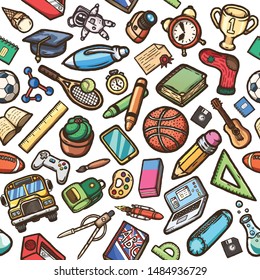 School cartoon doodles seamless pattern on a white background.