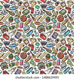 School cartoon doodles seamless pattern on a white background.