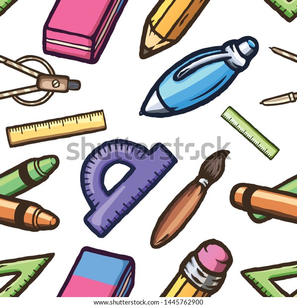 School cartoon doodles seamless pattern on a white\
background .