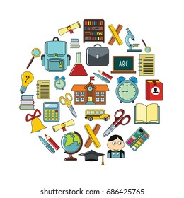 School cartoon icons set on circle. School vector illustration for design and web isolated on white background.