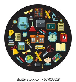 School cartoon icons set vector illustration for design and web isolated on black circle background. vector object for labels, logos and advertising